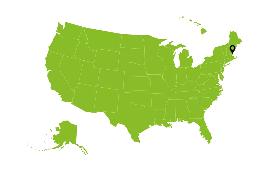 Abbildung von USA mit einer Markierung des Standortes von PURE LOOP in Ispwich, MA. 