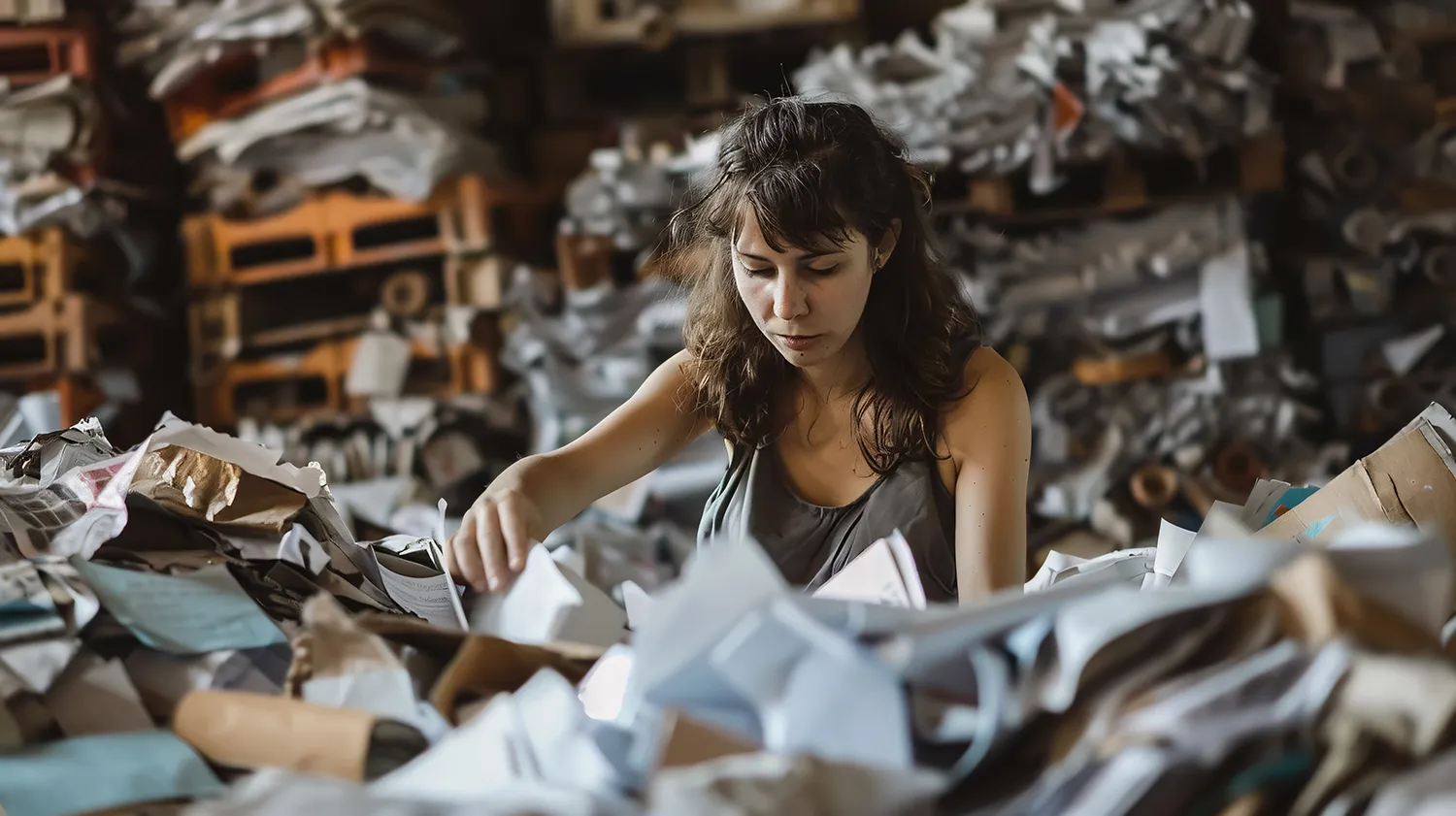 Woman concentrates on searching in a crowded archive full of piles of paper, symbolising errors in material logistics during recycling.
