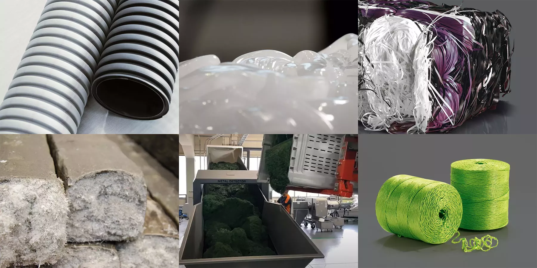 Collage of several materials that can be recycled by PURE LOOP. 1st row from left to right: pipes, start-up cakes, PP filaments & 2nd row from left to right: PE briquettes, artificial turf, ropes.  