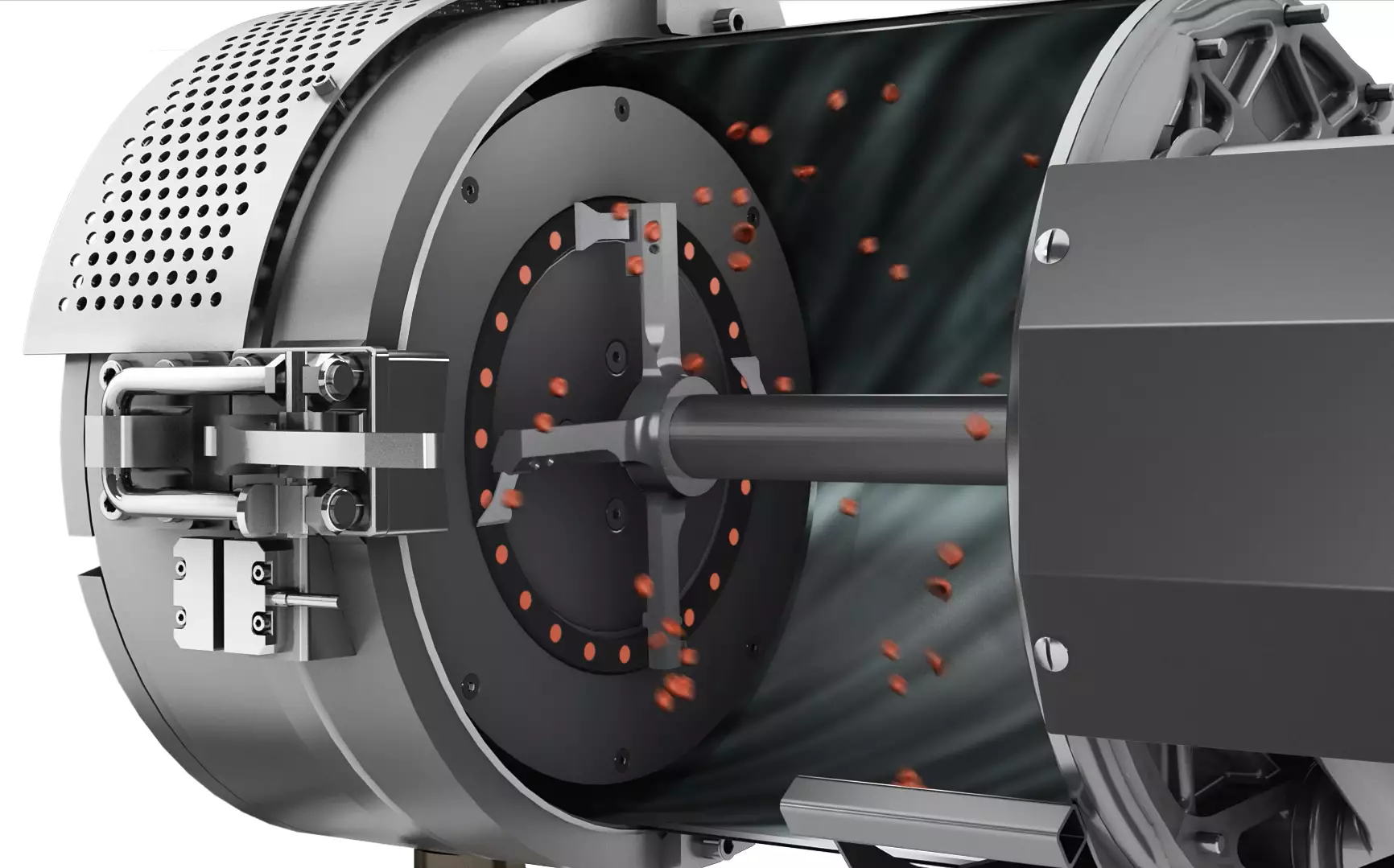 Detail of the ISEC evo: processed material is cut into regranulate by knives. 