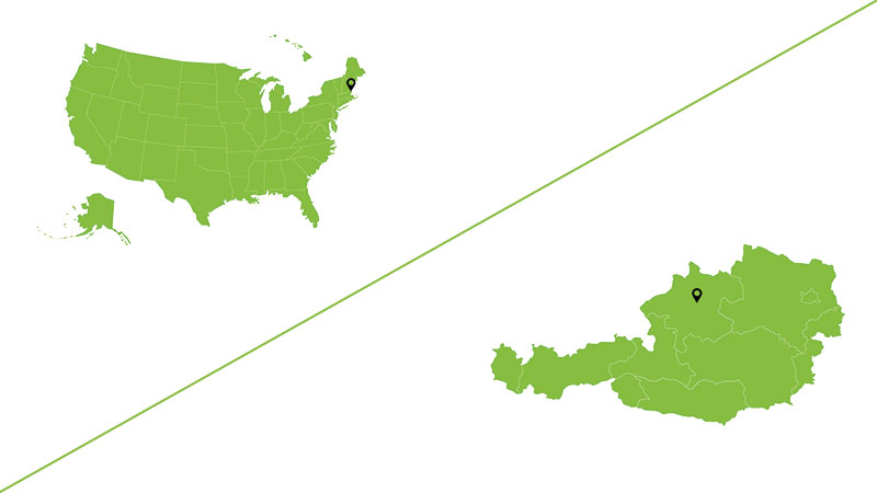 Abbildung Landkarte USA und Österreich mit Markierung bei Ispwich, MA und Ansfelden 