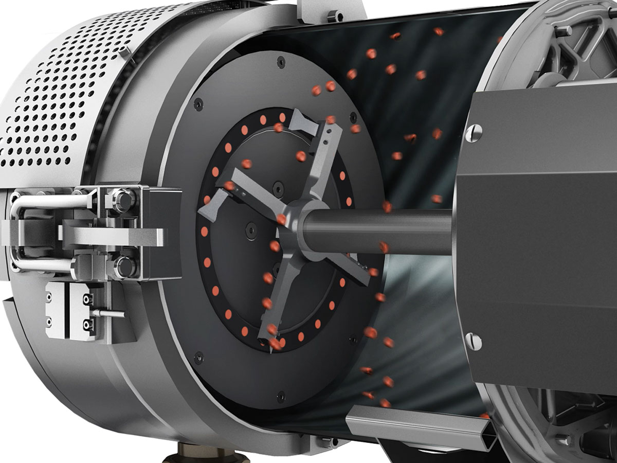 Detail of the plastic recycling machine: processed material is cut into regranulate by knives. 