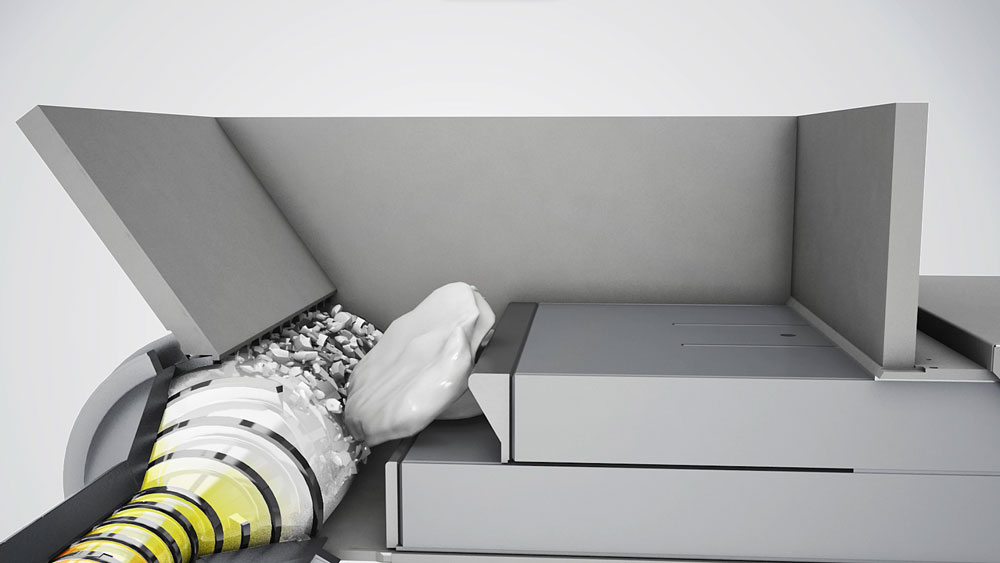 Visualisierung eines Teils der Kunststoff Schredder Technologie: Das Doppelschiebersystem befördert die Materialien weiter. 