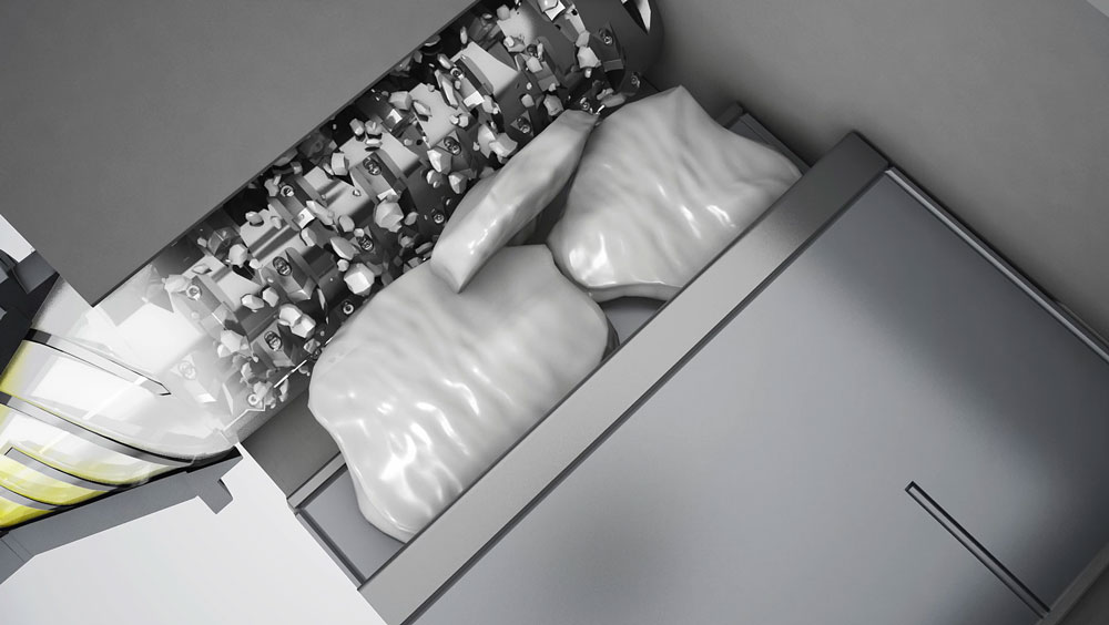 Visualisierung eines Teils der Kunststoff Schredder Technologie: Der Einwellenzerkleinerer schreddert Materialien. 