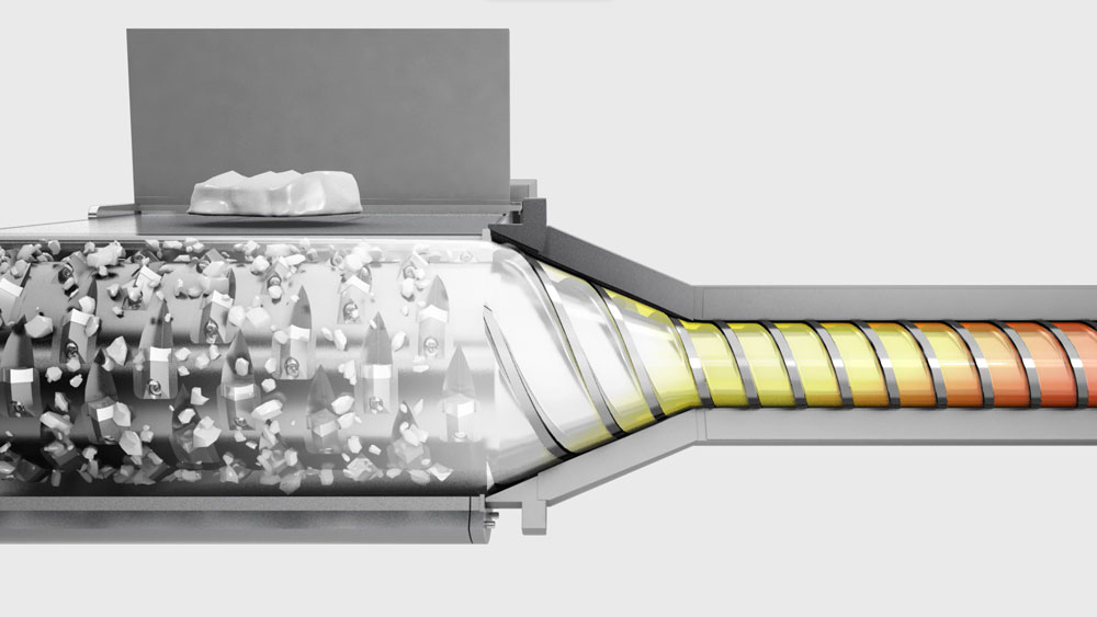 Visualisierung eines Teils der Kunststoff Schredder Technologie: Der konische Übergang führt die Materialien in den Extruder. 